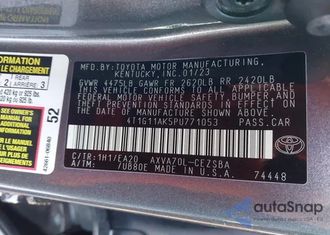 2023 Toyota Camry Se z USA, uszkodzony, nr VIN 4T1G11AK5PU771053